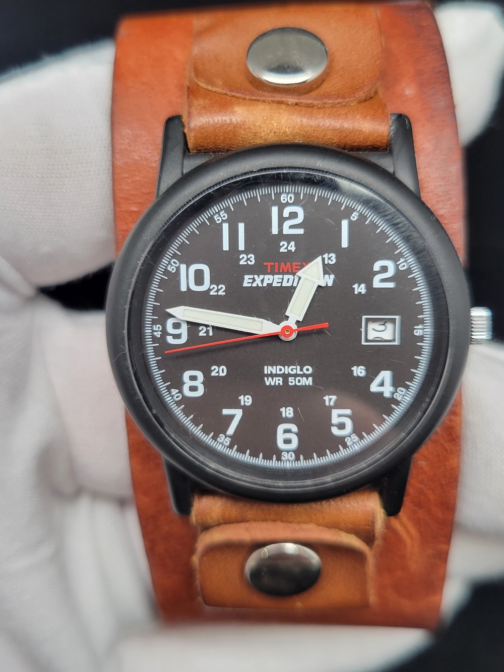 Timex Expedition Men's Black Dial Watch with Brown Leather Cuff